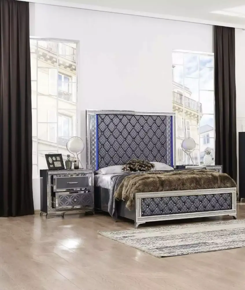 3pc Modern King Size LED Bed with 2 Nightstands Storage Set Dark Gray Luxury Furniture