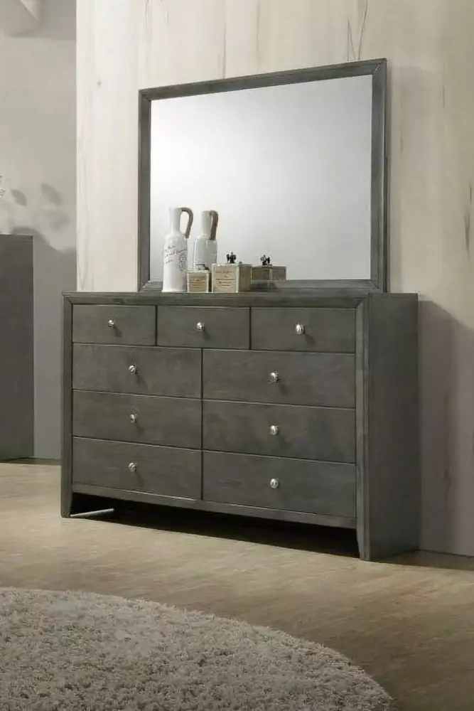 Contemporary Gray King Size Bed Dresser Mirror Nightstand 4pc Solid Wood Bedroom Furniture Set