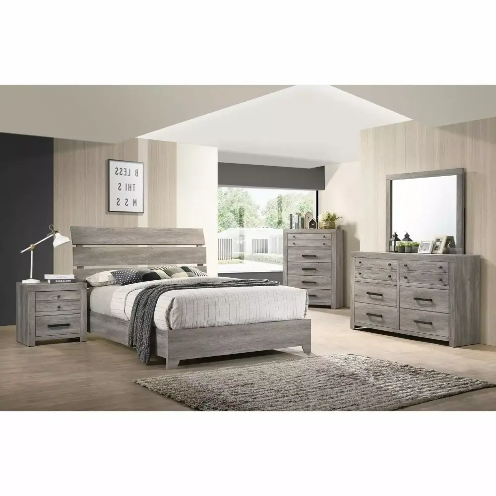 Contemporary Vintage 6pc King Size Platform Bed Set with Dresser Mirror Nightstands Chest Bedroom Furniture