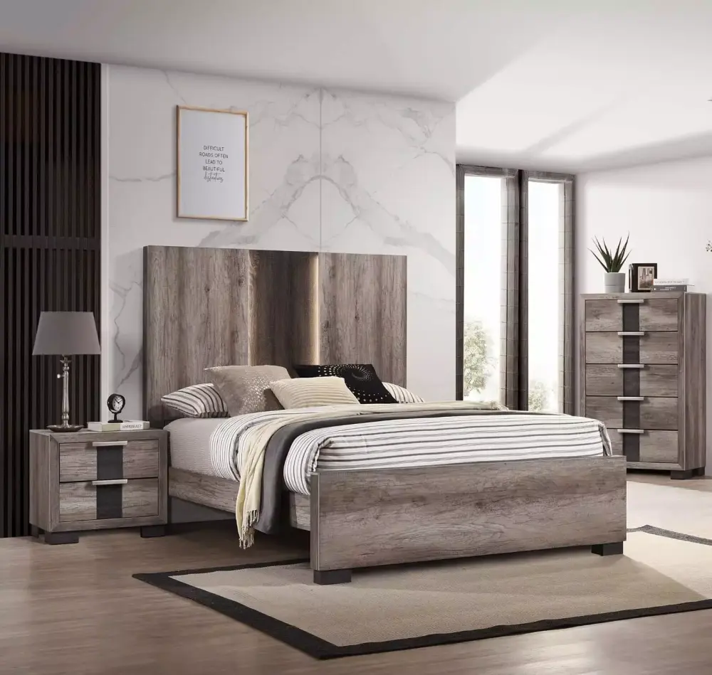 3Pc Beautiful Bedroom Suite Gray Black Finish King Size Polished Bed Chest Nightstand Set