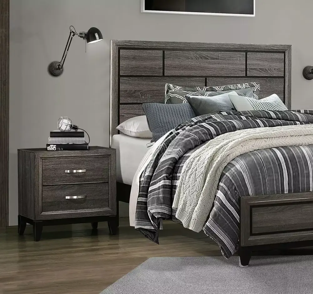 Chic Gray Finish 6pc King Size Bedroom Set with Bed Nightstand Dresser Chest Mirror Wooden Furniture
