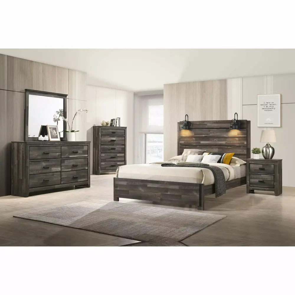 Contemporary Rustic Brown Finish King Size 5pc Panel Bed Set with Built-in Light Headboard Dresser Mirror Nightstand