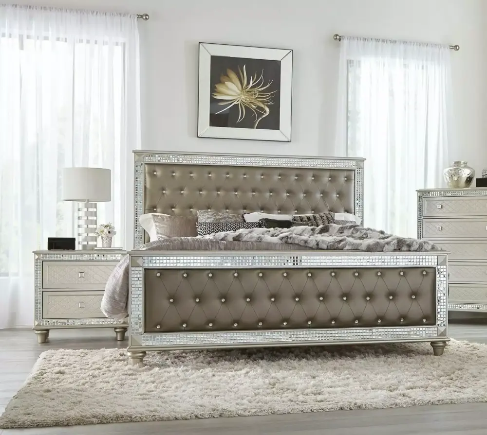 Elegant 3pc King Size Bedroom Set with Upholstered Headboard Crystal Tufted Nightstands Champagne Finish