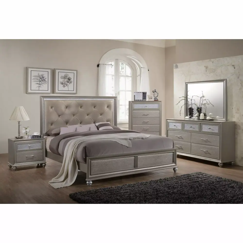 Modern Champagne Faux Finish 4pc King Size Bedroom Set Bed Dresser Mirror Nightstand Button Tufting Faux Gems