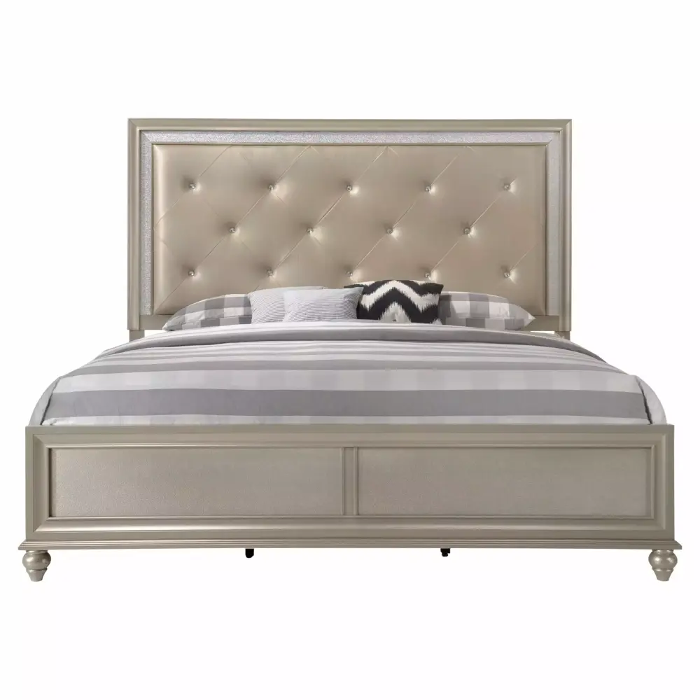 Modern Champagne Faux Finish 4pc King Size Bedroom Set Bed Dresser Mirror Nightstand Button Tufting Faux Gems