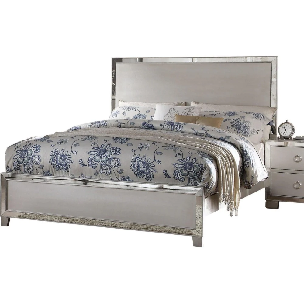 Acme Voeville King Panel Bed in Platinum - Modern Platform Bed Frame with Upholstered Headboard