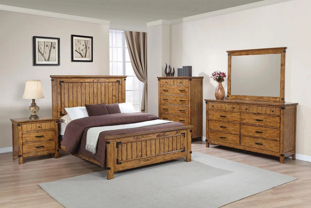 Brenner Eastern King Panel Bed Rustic Honey Finish Solid Wood Frame