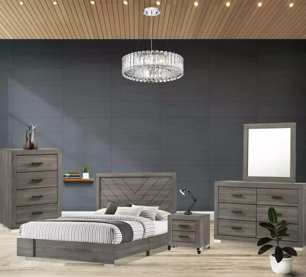 Kings Brand Furniture C Lorain 5-Piece King Size Gray Bedroom Set with Dresser Mirror Chest Nightstand