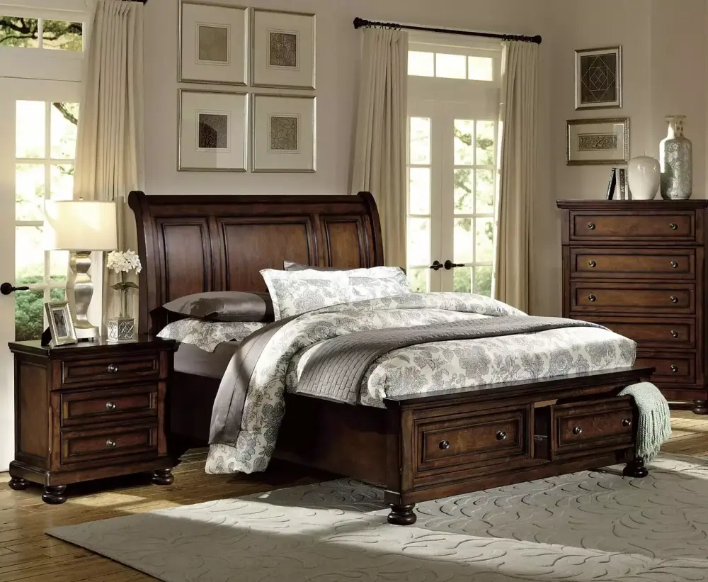 Brown Cherry Finish Traditional King Platform Bed with Storage 3pc Bedroom Set Nightstands