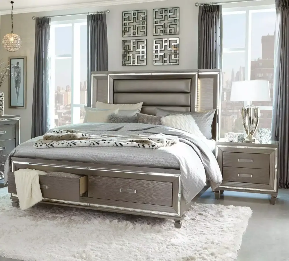 LED Light Cal-King Platform Bed with Storage 3pc Bedroom Set and Nightstands