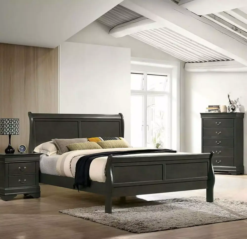 California King 3pc Bedroom Set Antique Nickel Pulls Gray Solid Wood