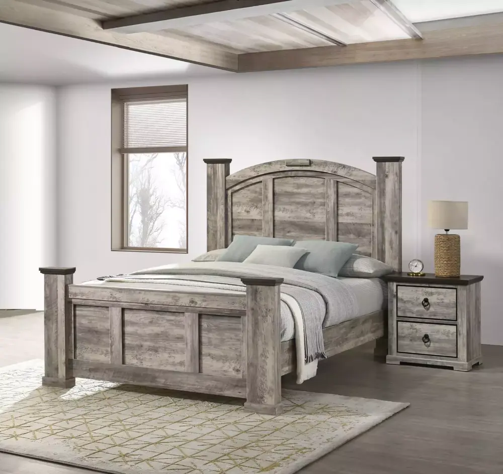 Rustic Gray Poster King Size 3pc Bed Set with Storage Nightstands Bedroom Furniture