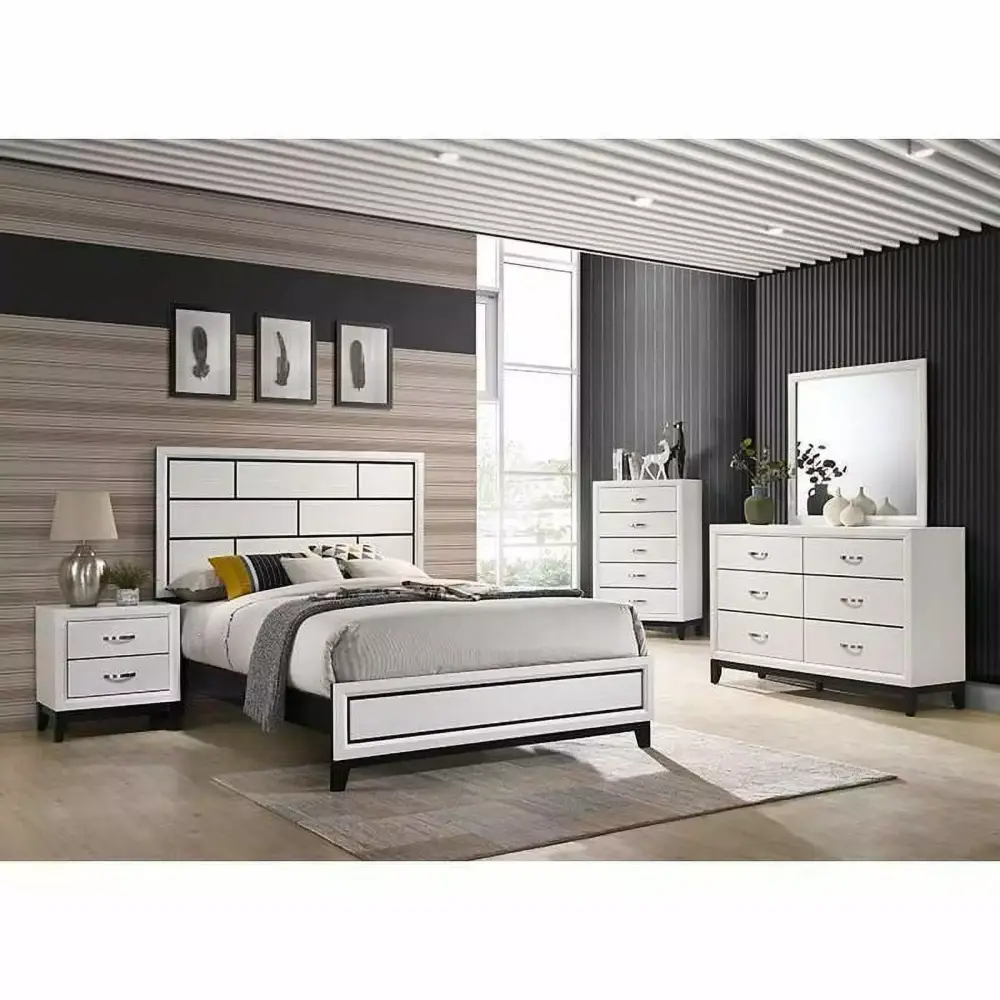 Traditionally Styled 4pc King Size Panel Bed Set with Dresser Mirror Nightstand White Hardwood