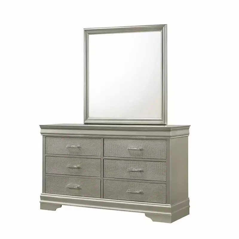 5-Piece Silver Finish Panel Bedroom Set with Upholstered Button Tufted Headboard