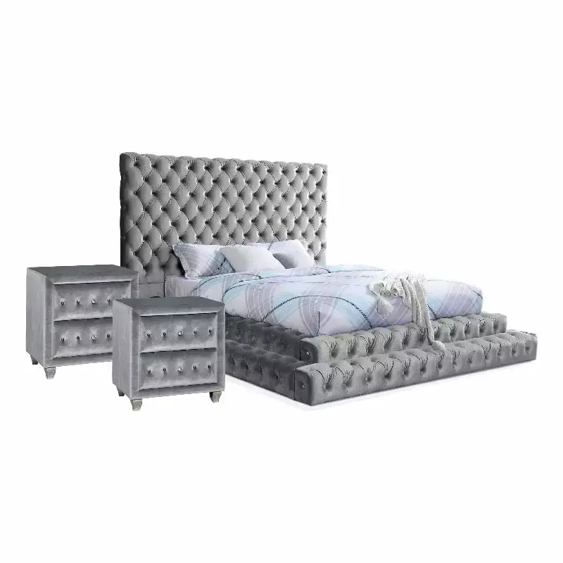 Bowery Hill 3pc Gray Fabric Upholstered Bedroom Set King + 2 Nightstands - Contemporary Bedroom Furniture