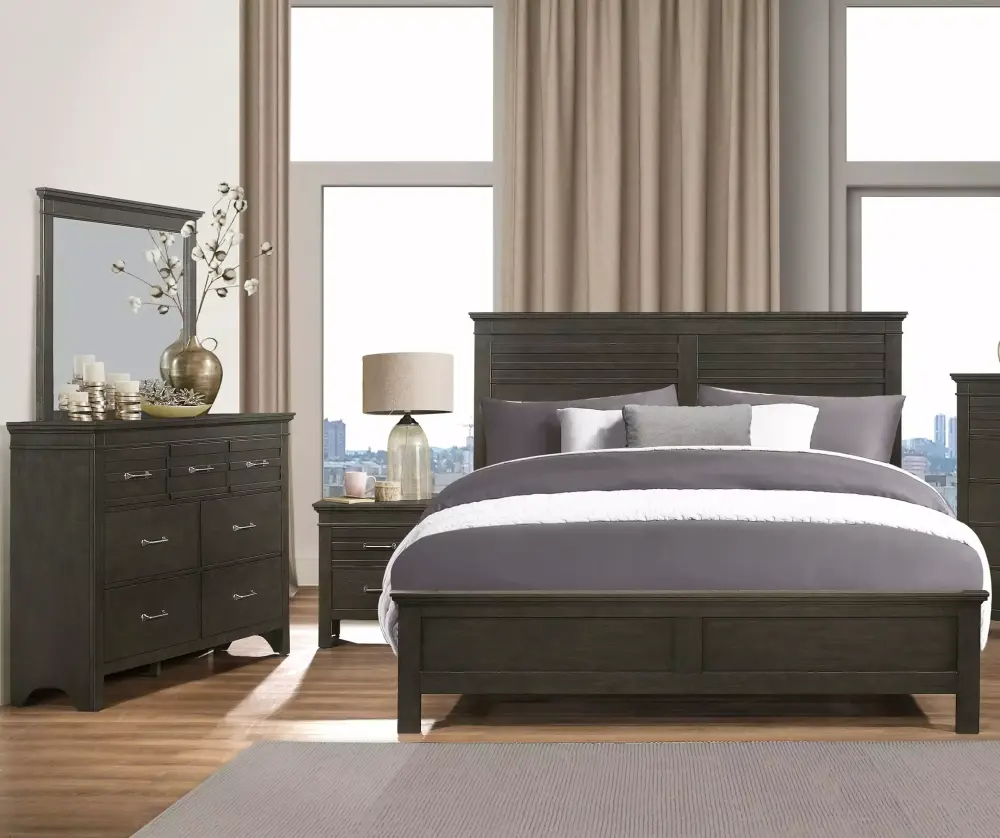 Transitional 4-Piece King Bedroom Set with Nightstand Dresser Mirror in Charcoal Gray