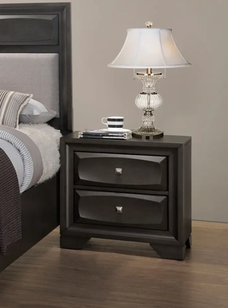 Transitional 6pc Eastern King Bedroom Set with Dresser Mirror Nightstand Chest Charcoal Grey MDF Veneer
