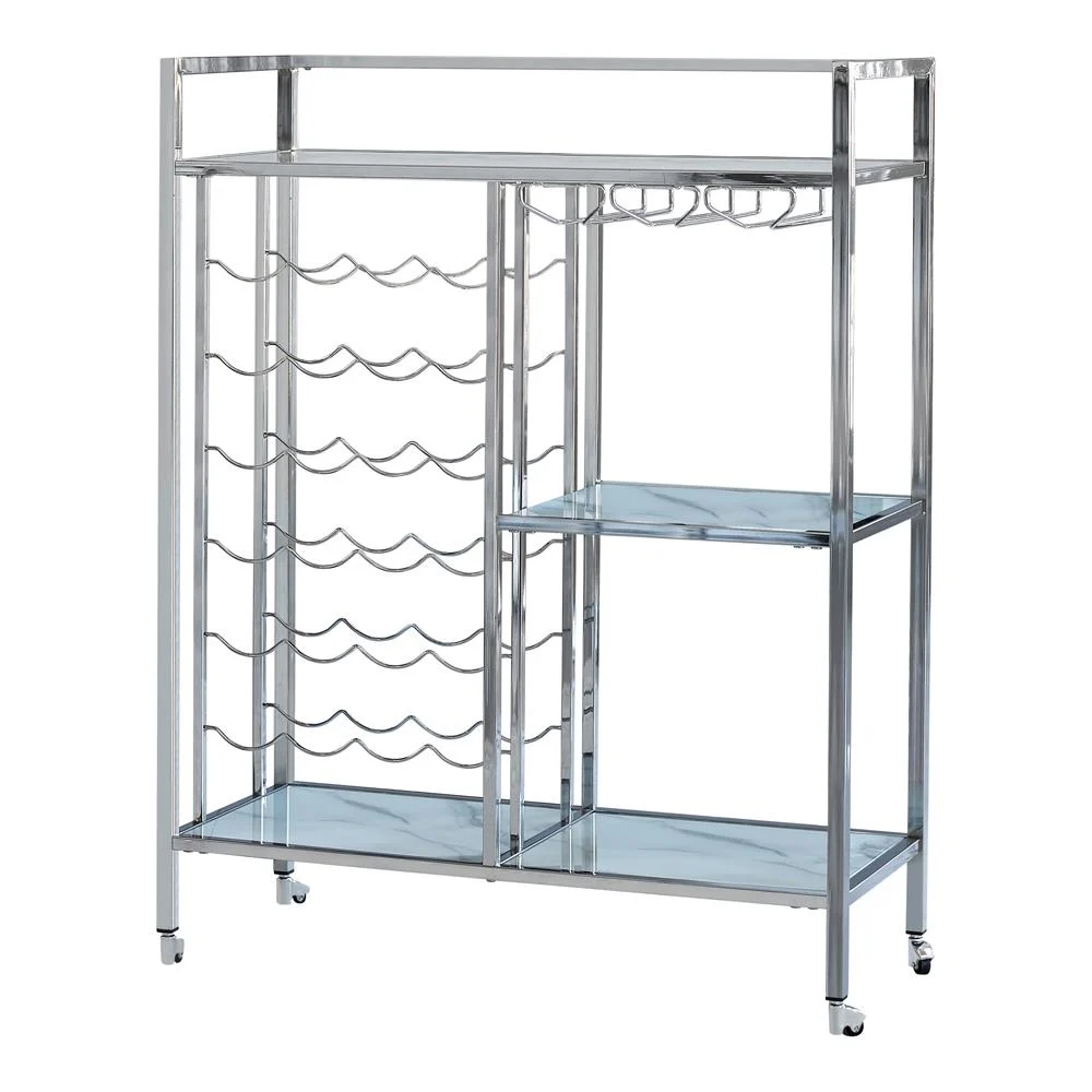 Derion Glass Shelf Serving Cart with Wheels in Chrome Finish