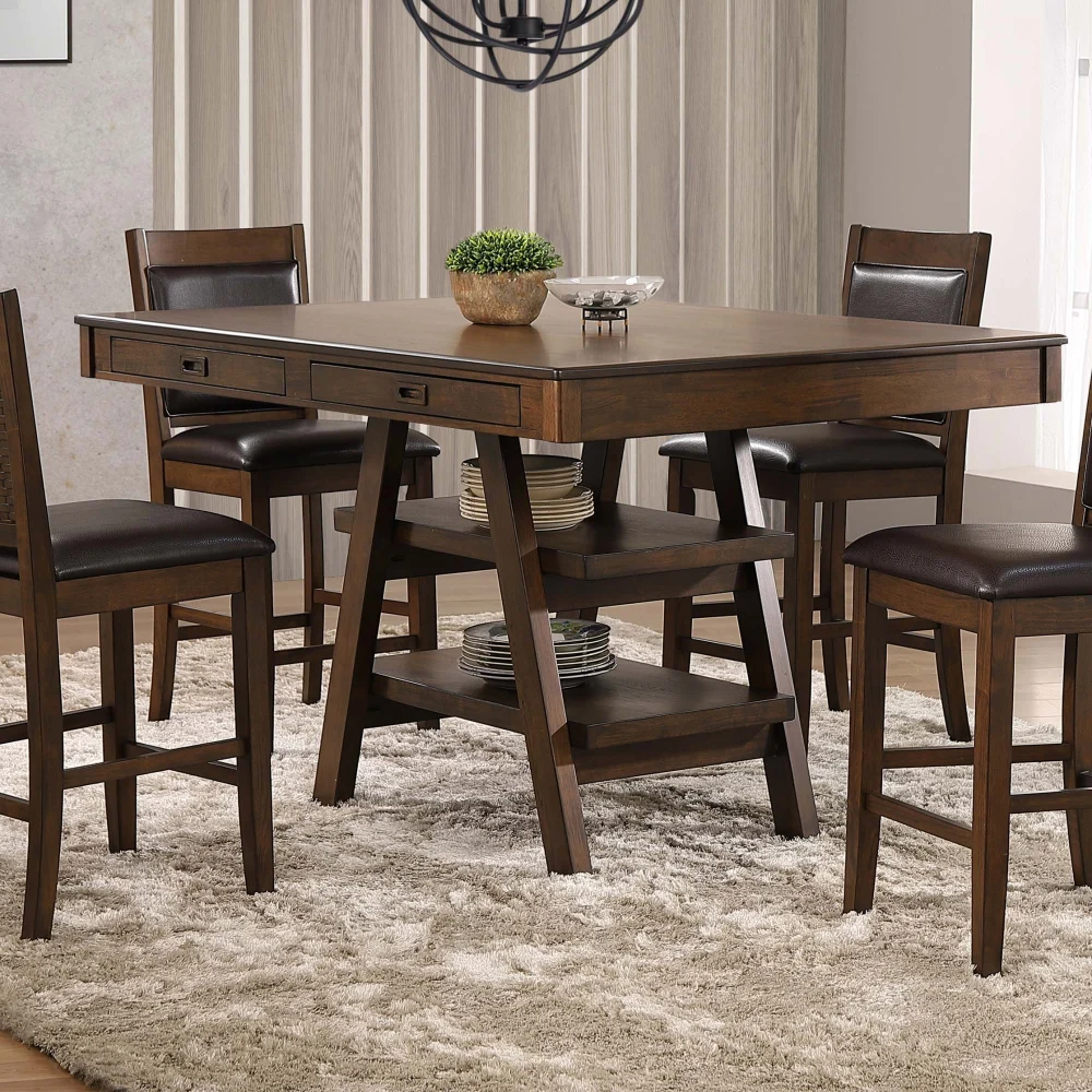 Dewey 2-Drawer Counter Height Table with Open Shelves Walnut Finish