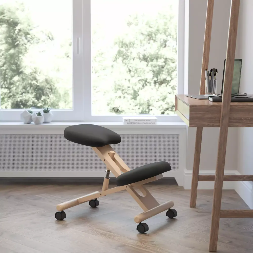 BizChair Mobile Wooden Ergonomic Kneeling Office Chair Black Fabric Posture Support
