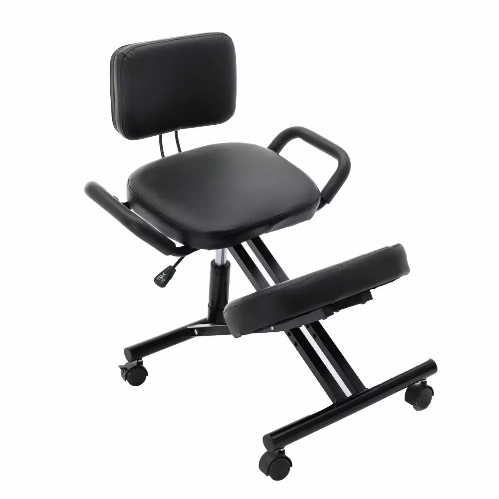 Black Leather Ergonomic Kneeling Chair with Arm and Adjustable Height