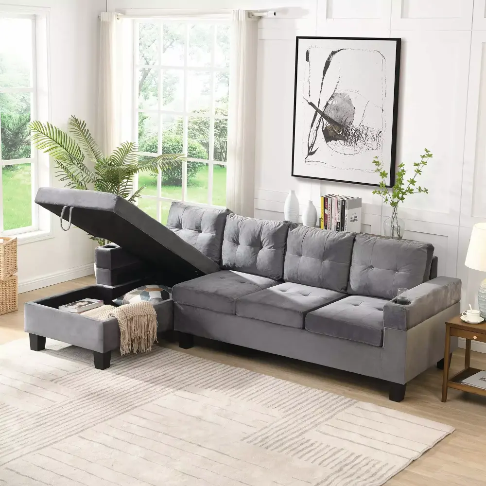 Modern 4-Seat L-Shape Sectional Sofa Set with Left Chaise Lounge and Storage Cup Holder in Grey