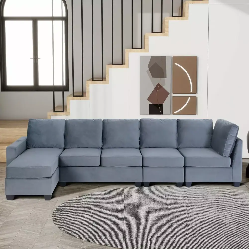 Modern L-Shape Sectional Sofa 6-Seat Velvet Fabric Couch with Convertible Chaise Lounge in Grey