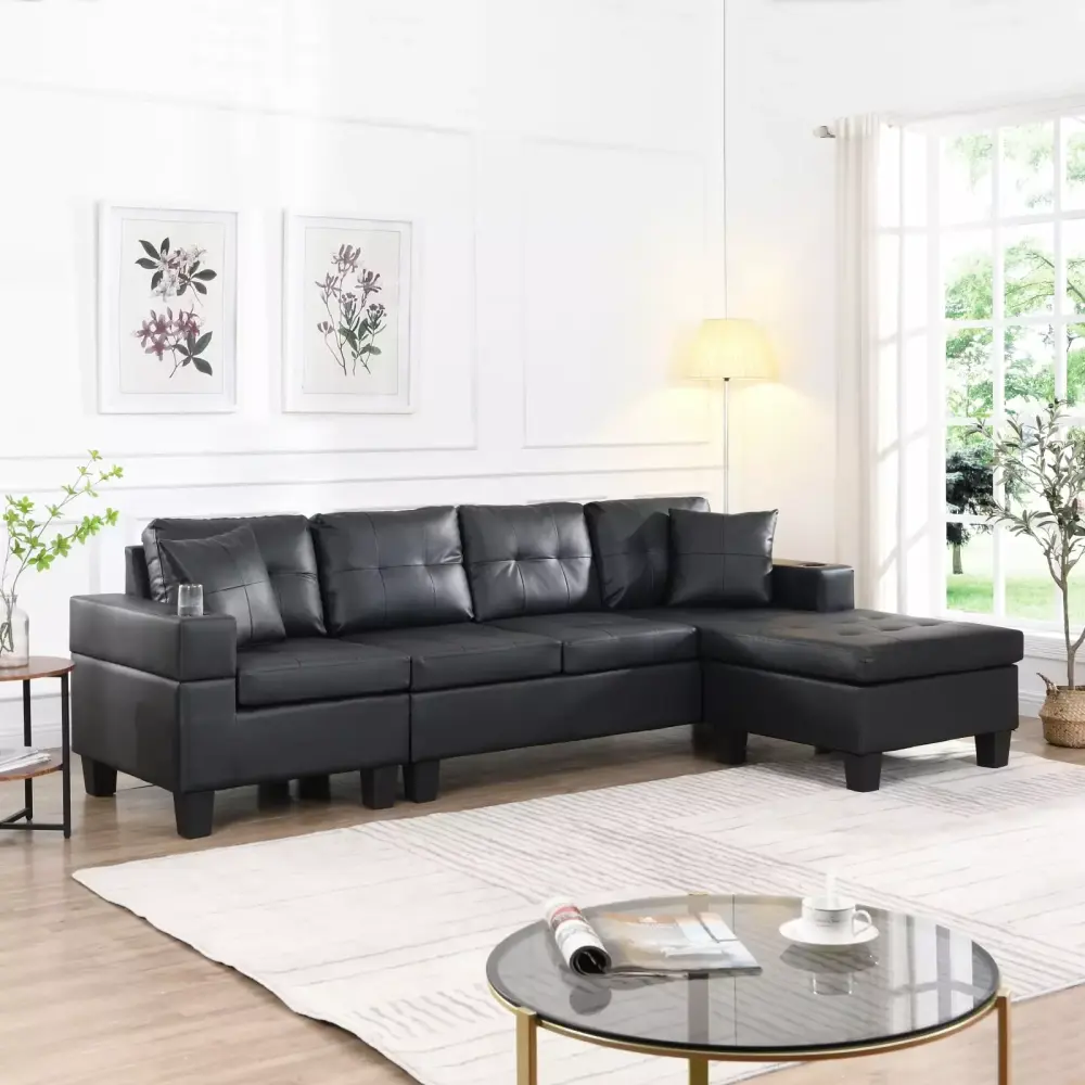 Miekor Furniture L-Shape Sectional Sofa Set with Chaise Lounge and Cup Holder in Black