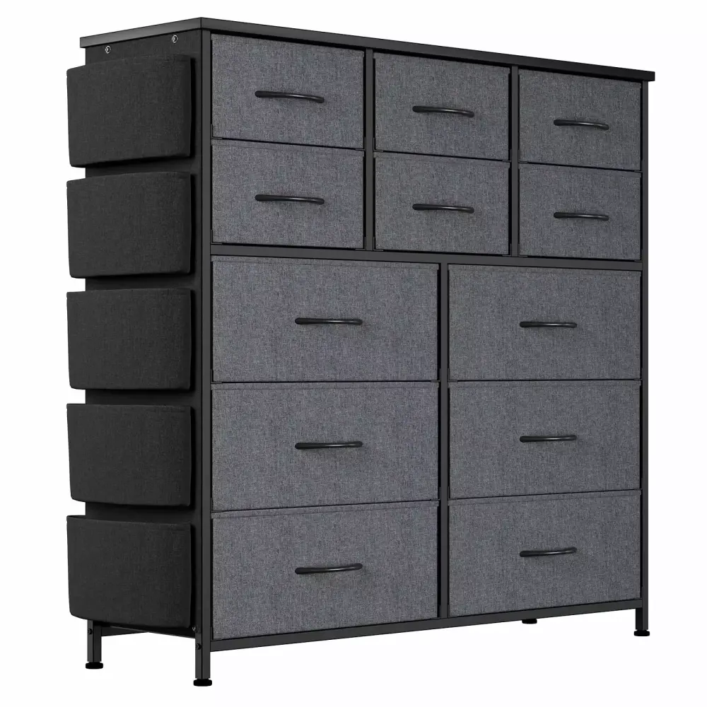 12-Drawer Dresser for Bedroom with Fabric Bins and Sturdy Metal Frame - Gray