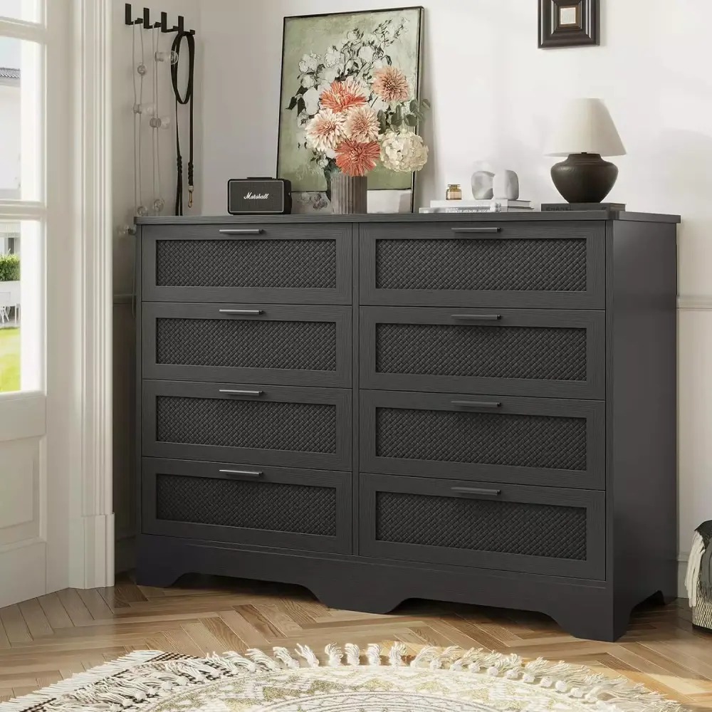 Afuhokles 8 Drawer Black Wooden Dresser with Woven Leather Design