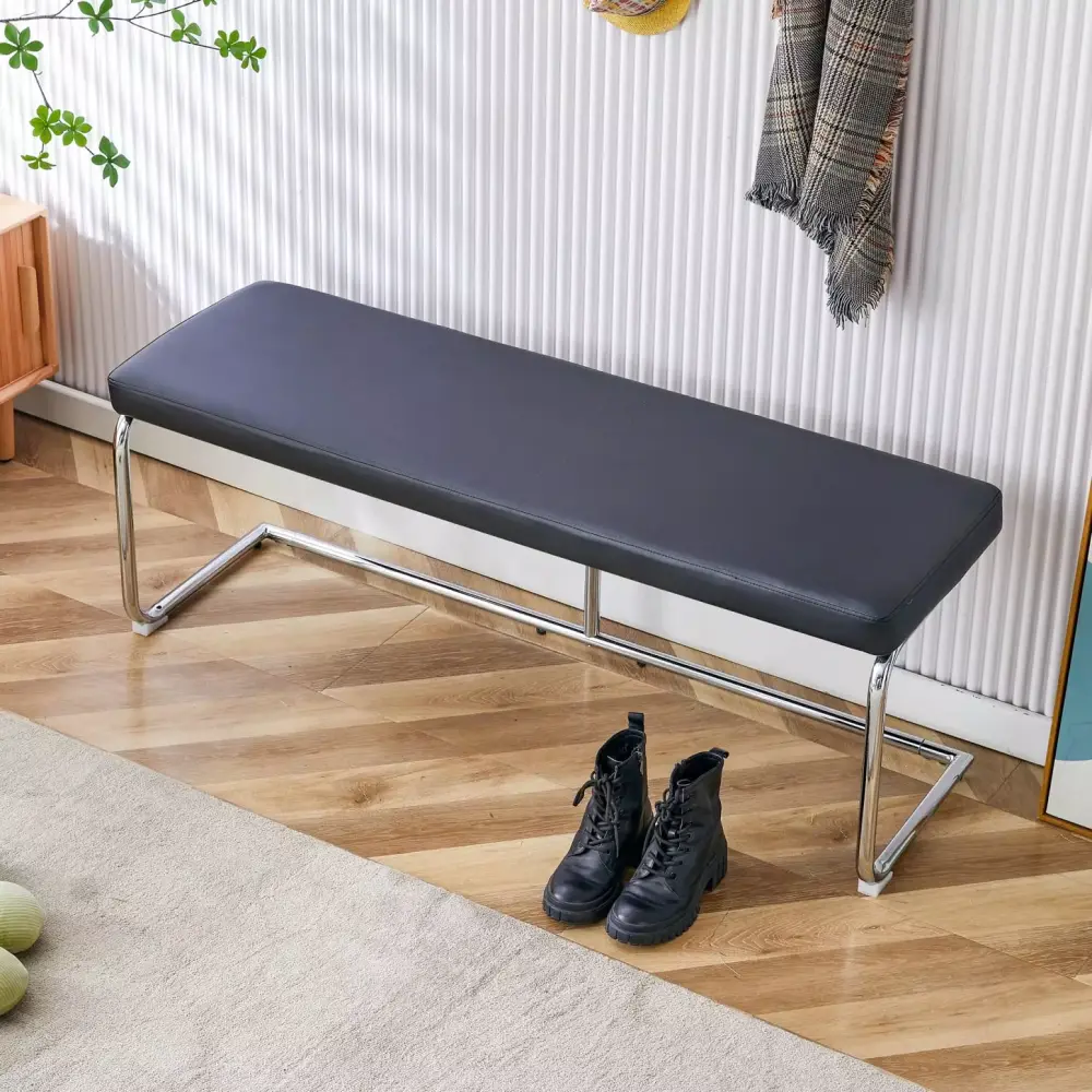 Elegant Black Leather Bench with Silver Metal Legs for Foyer or Bedroom
