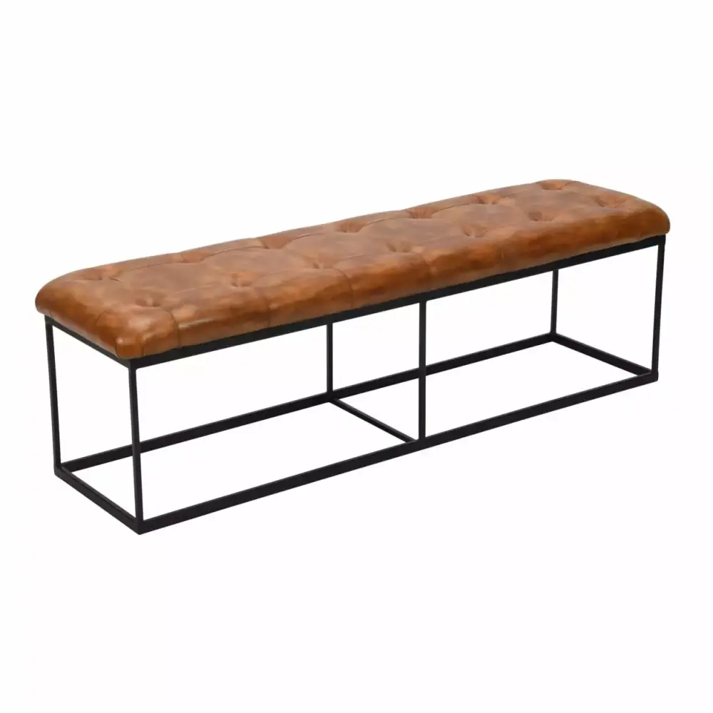 60 Inch Artisanal Tufted Accent Bench Genuine Leather Upholstery Metal Frame Caramel Brown Black Saltoro Sherpi