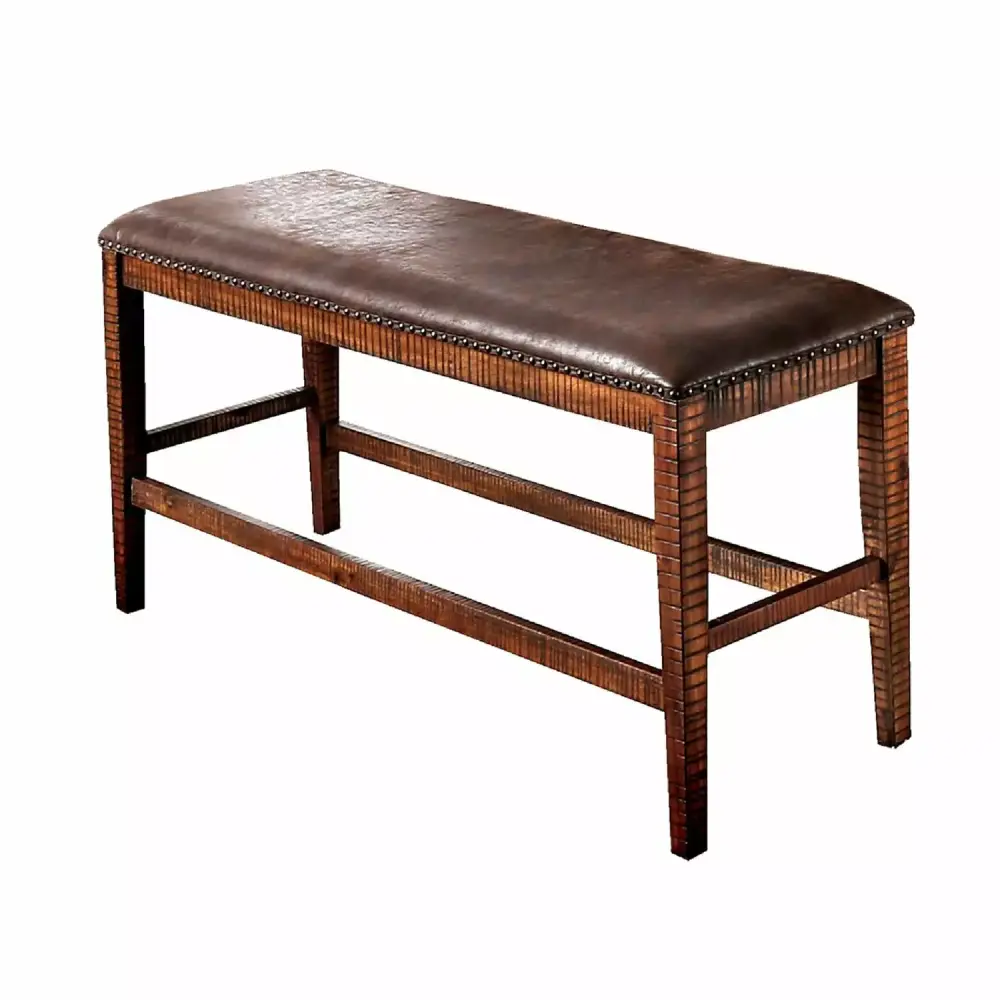 Benzara Wood and Faux Leather Counter Height Bench with Nailhead Trims in Brown