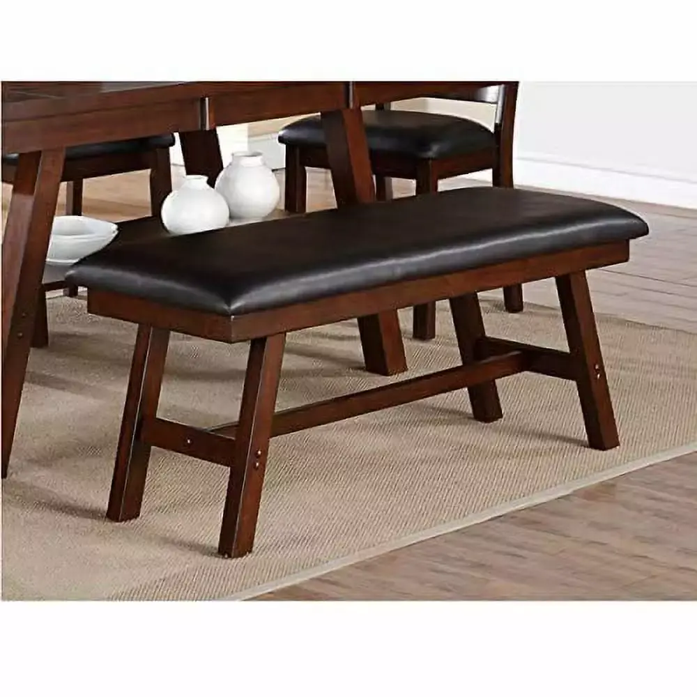 Modern Dark Walnut Solid Wood Frame Dining Bench with Faux Leather Seat