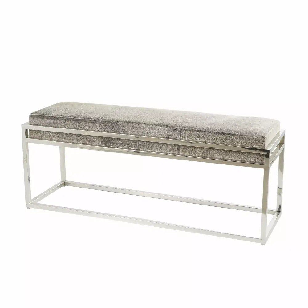 DecMode Leather Bench with Silver Stainless Steel Base in Gray for Living Room