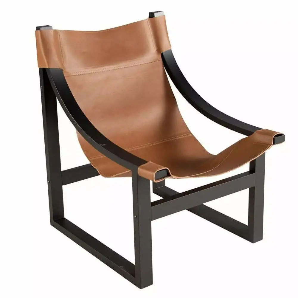 Bowery Hill Black Top Grain Leather Sling Chair with Solid Wood Frame - Contemporary Design