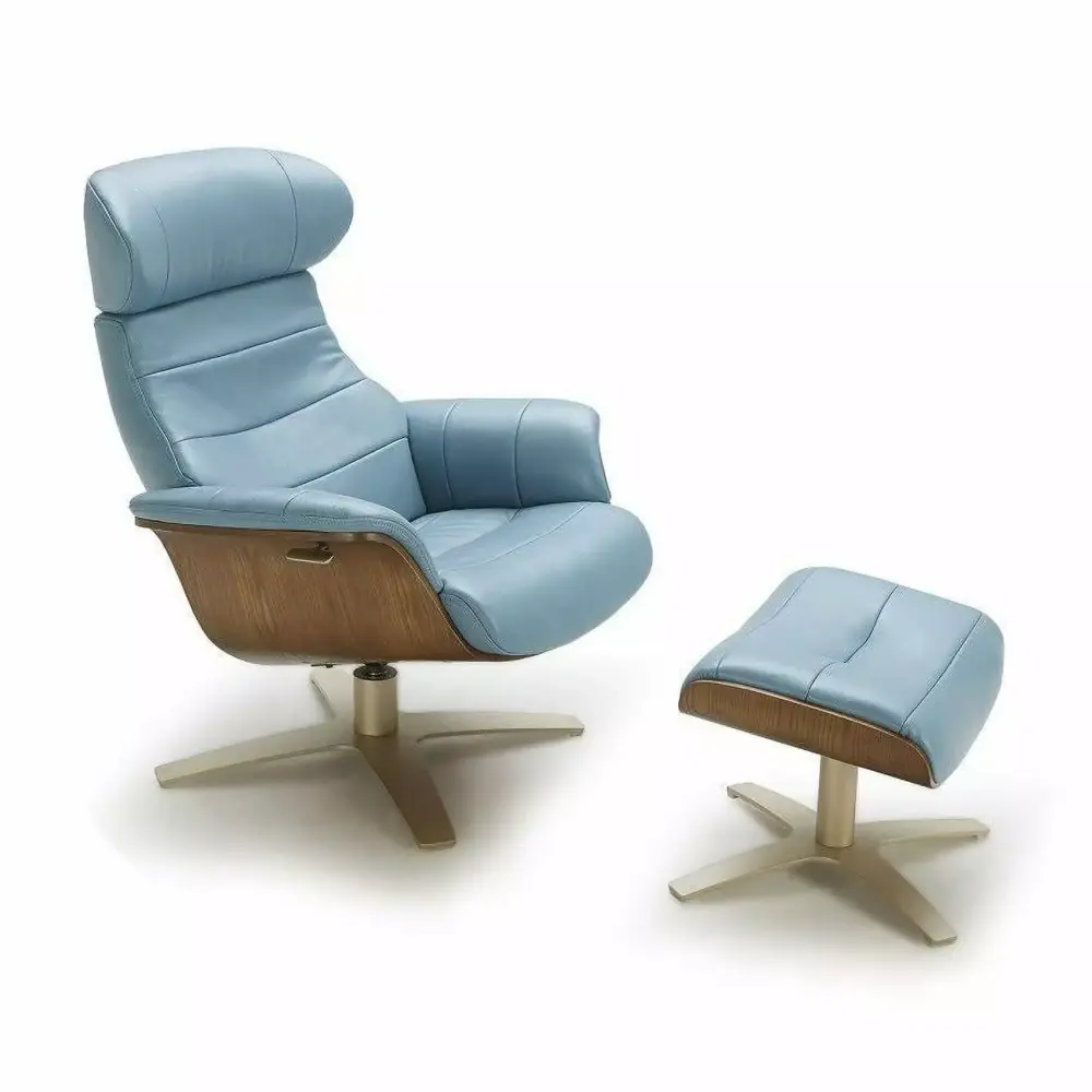 Contemporary Luxury Blue Italian Leather Lounge Chair with Ottoman - 2 Piece Set