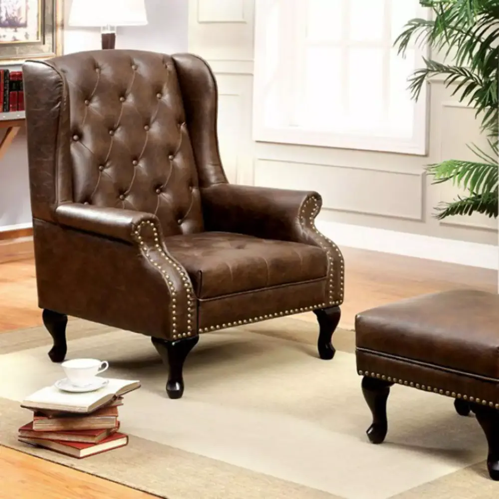 Benjara 33 Traditional Leather Wing Accent Chair with Nailhead in Brown