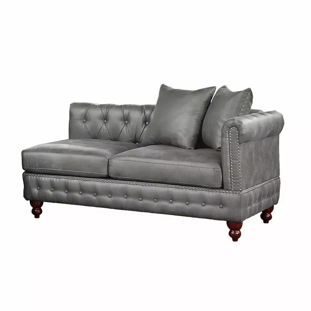 Benjara Simi 61 Inch One Arm Chaise with 2 Pillows and Nailhead Trim in Gray Faux Leather