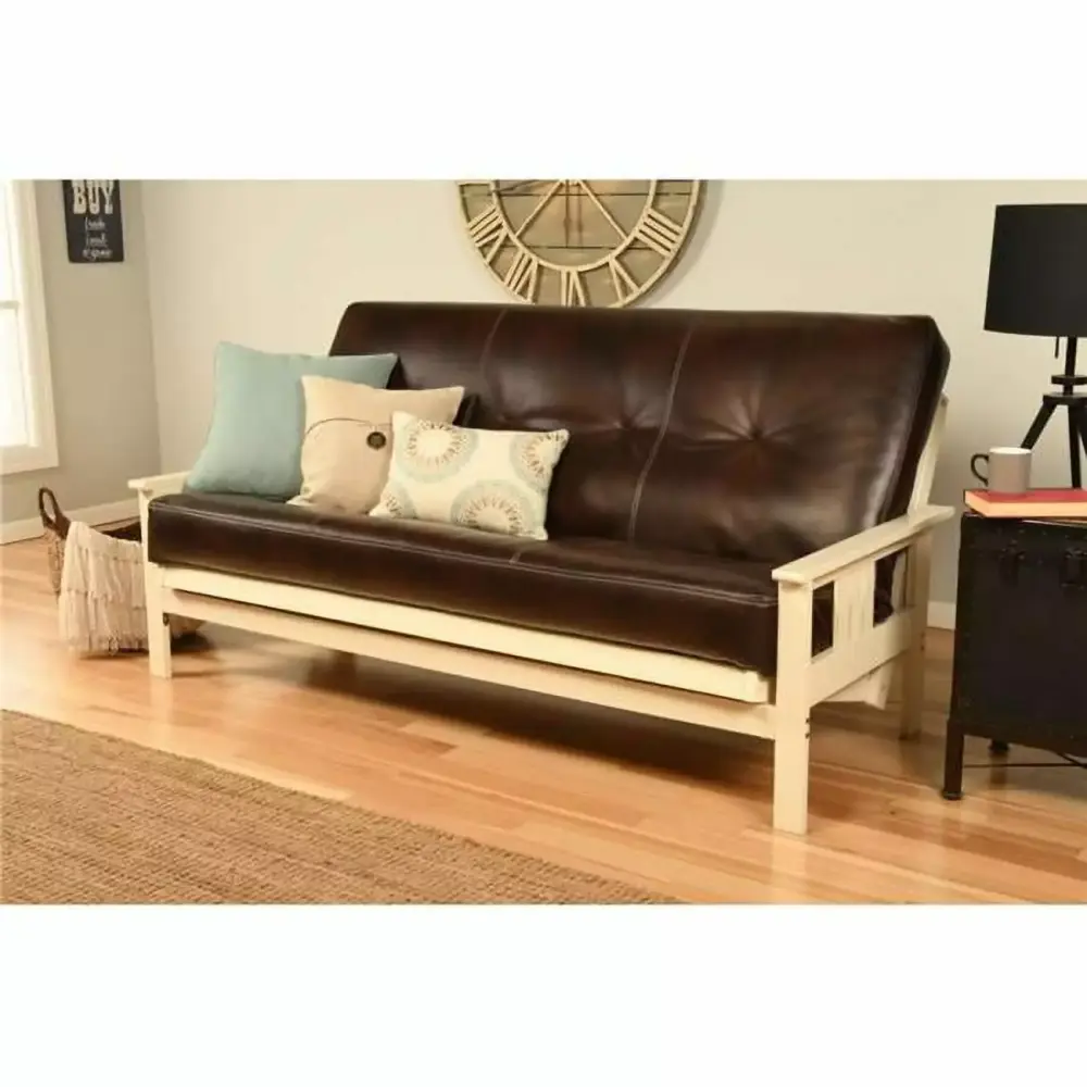 Kodiak Furniture Monterey Antique White Futon with Brown Faux Leather Mattress