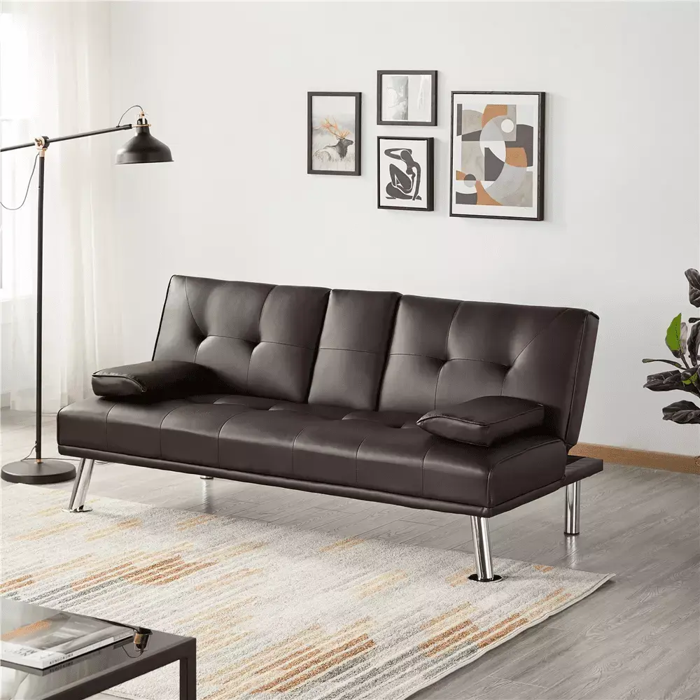 Easyfashion LuxuryGoods Modern Faux Leather Futon with Cupholders and Pillows Espresso