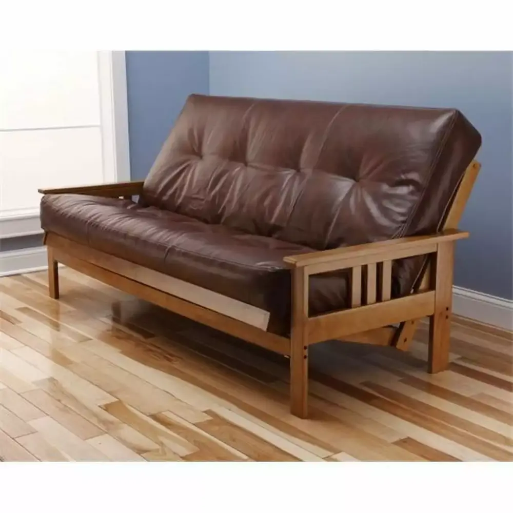 Kodiak Furniture Monterey Butternut Futon with Saddle Brown Faux Leather Mattress - Modern Sofa Bed