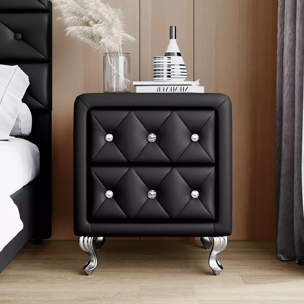 EUROCO 19.9 PU Leather Nightstand with Crystal Handle and Metal Legs