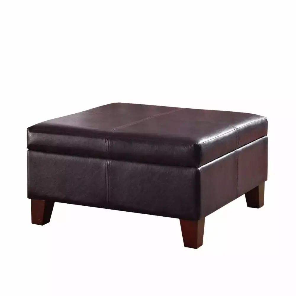 Benjara Brown Leatherette Storage Ottoman - Large Wooden Footrest with Hinged Lid