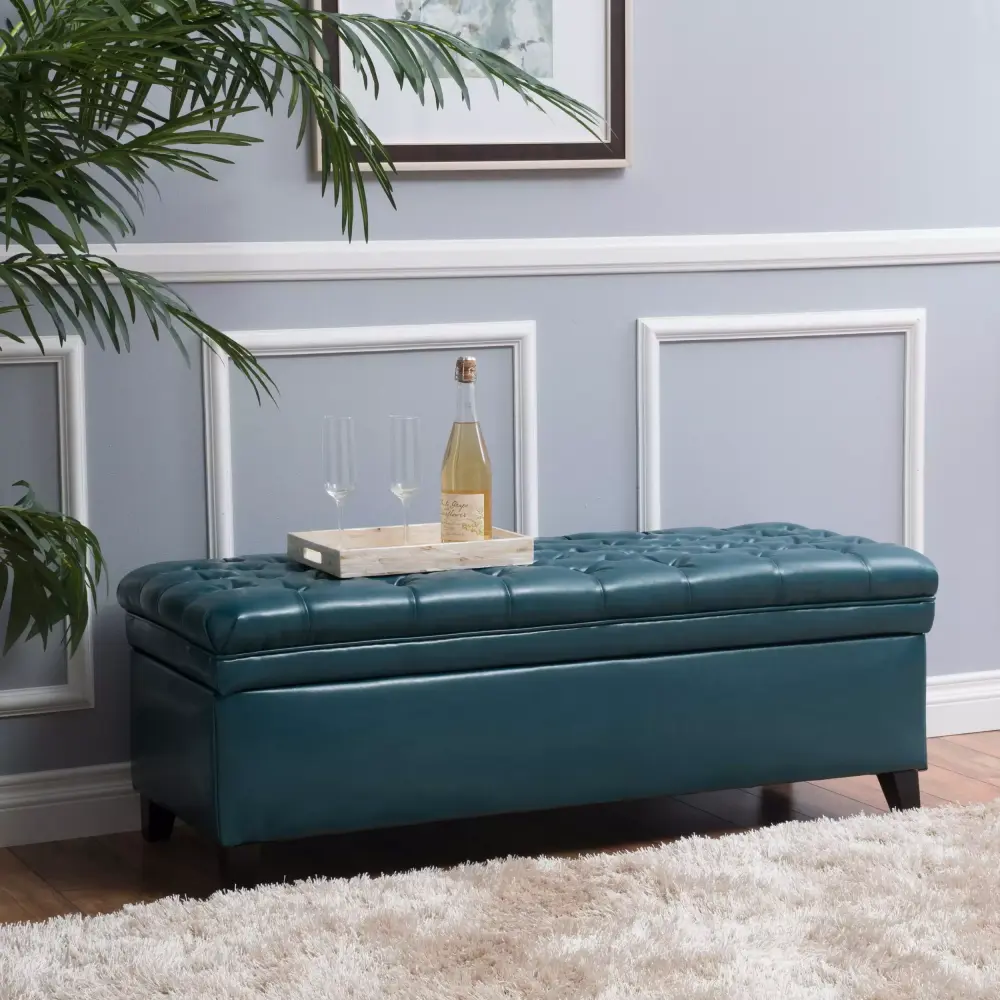 Noble House Barton Teal Tufted Faux Leather Storage Ottoman