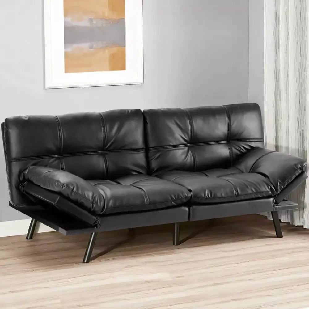 KPUY Upholstered Sofa Bed with Adjustable Backrest and Armrests in Black Leather