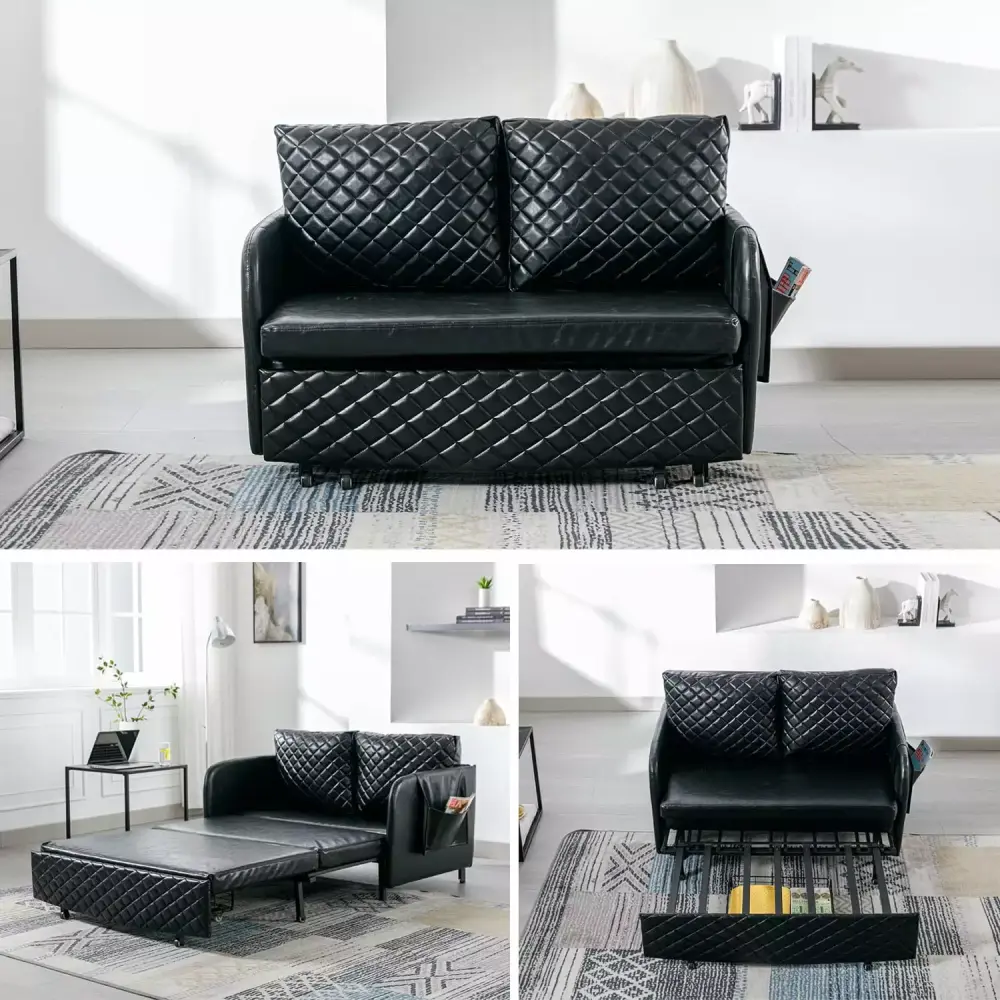 Modern Black Faux Leather Convertible Sleeper Sofa Bed Loveseat with Pull-Out Bed and Quilted Design