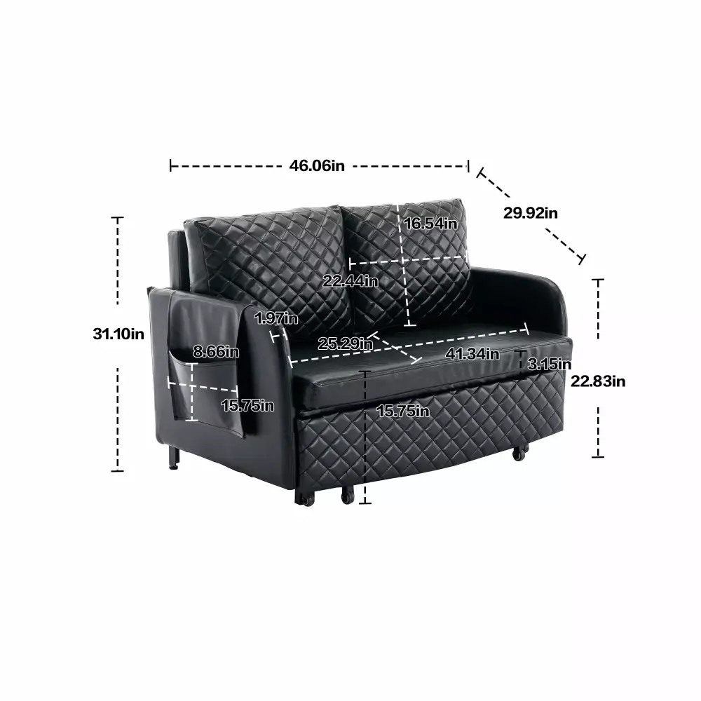 Modern Black Faux Leather Convertible Sleeper Sofa Bed Loveseat with Pull-Out Bed and Quilted Design