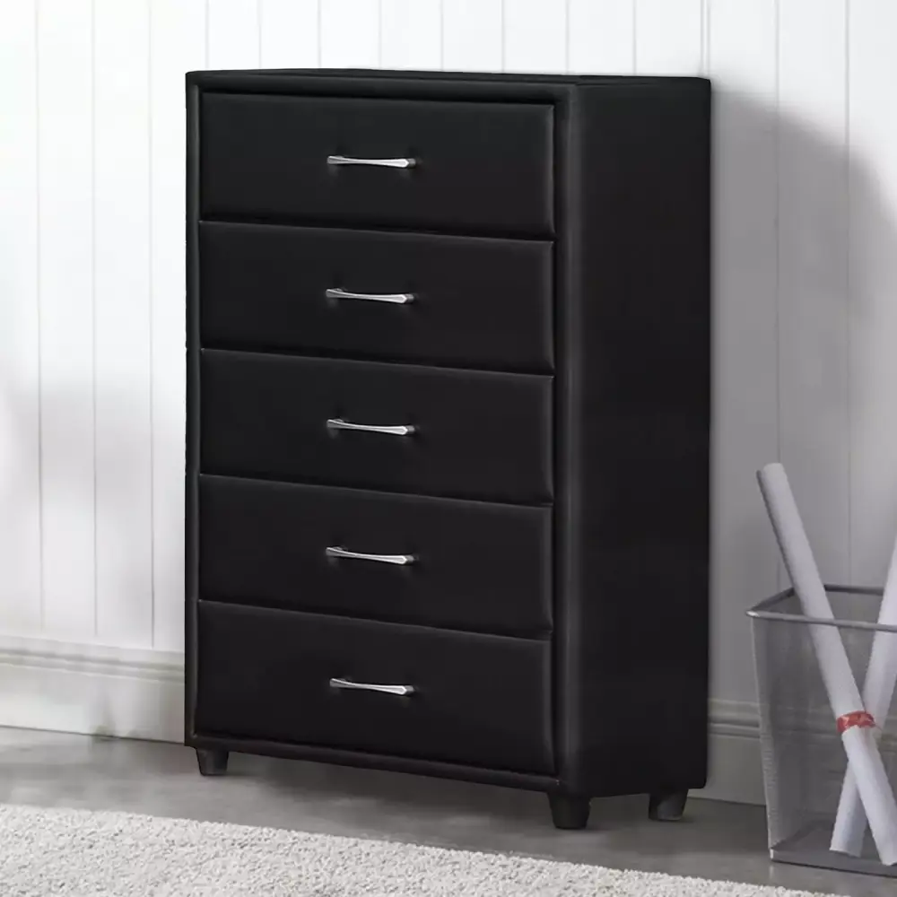 5 Drawer Leatherette Wooden Frame Chest with Tapered Legs in Black - Elegant Bedroom Storage