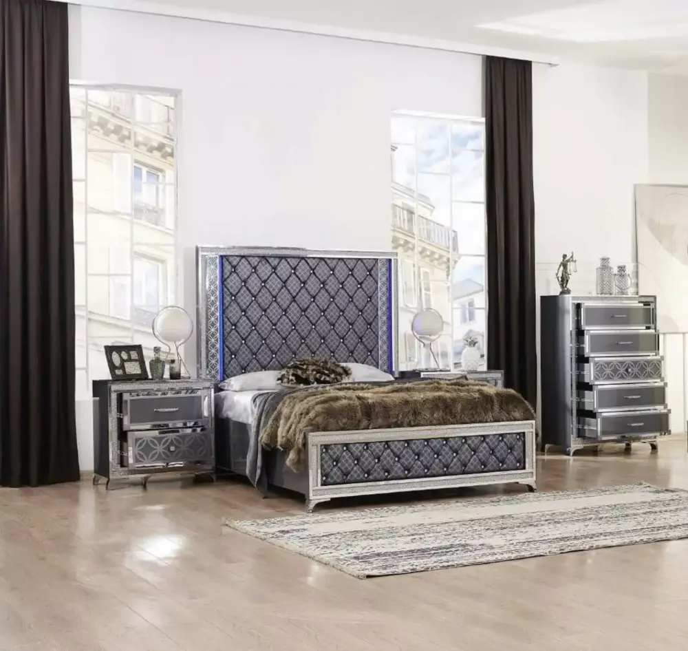 3pc Modern Queen Size LED Bed Set with Chest Nightstand Storage Dark Gray Finish